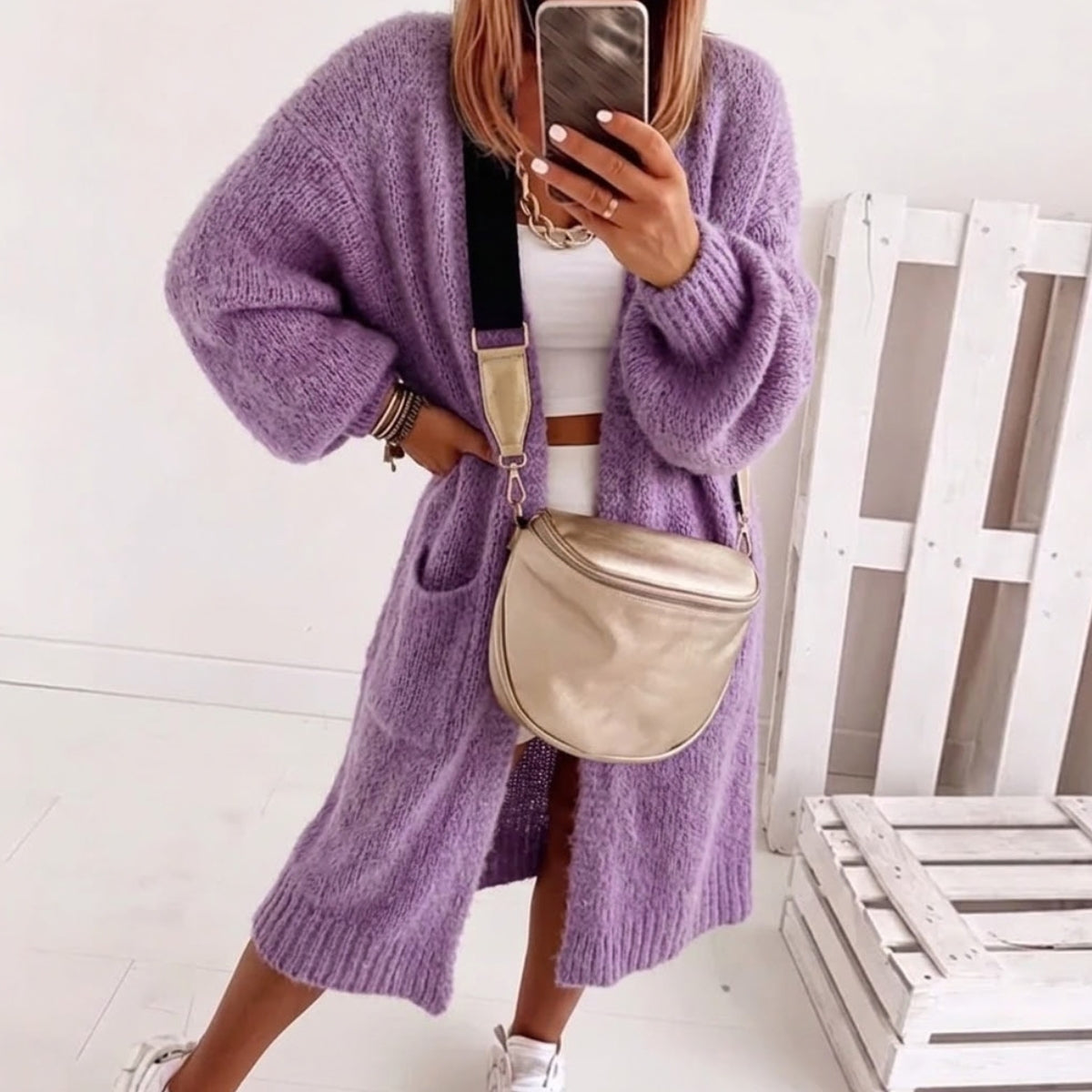Women's Oversized Open-Front Cardigan with Balloon Sleeves