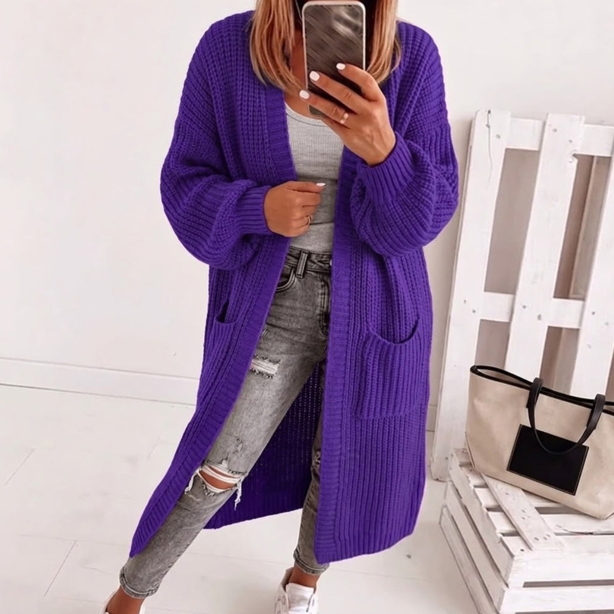 Women's Oversized Open-Front Cardigan with Balloon Sleeves