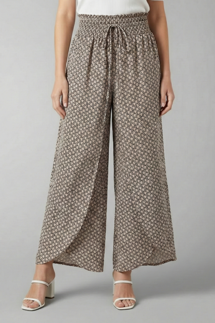 Women’s Palazzo Trousers with Elastic Waist and Patterned Surface