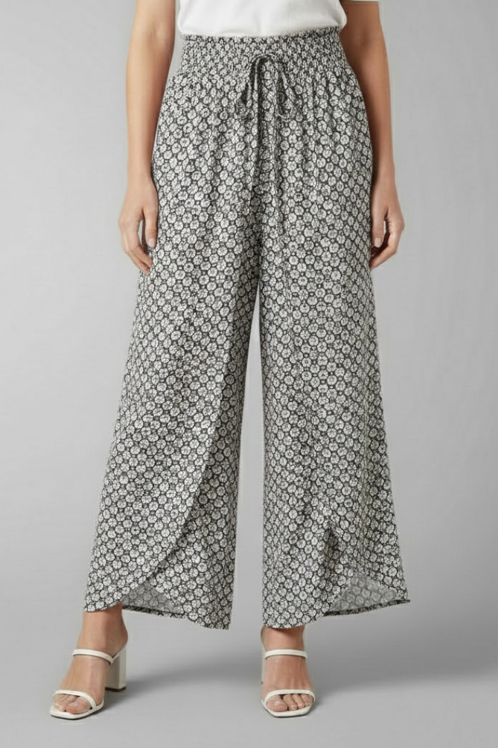Women’s Palazzo Trousers with Elastic Waist and Patterned Surface