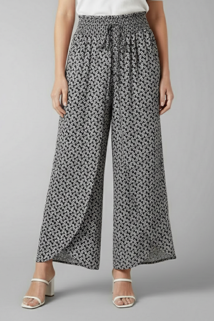 Women’s Palazzo Trousers with Elastic Waist and Patterned Surface