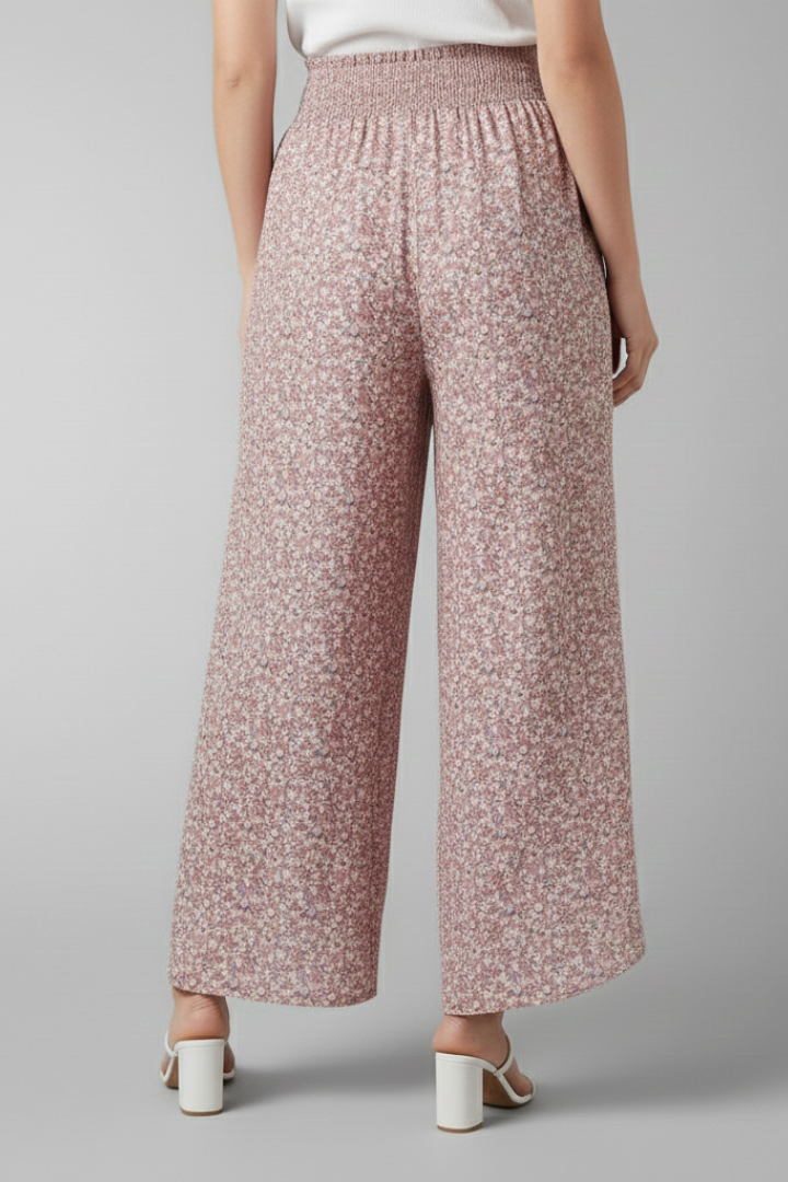 Women’s Palazzo Trousers with Elastic Waist and Patterned Surface