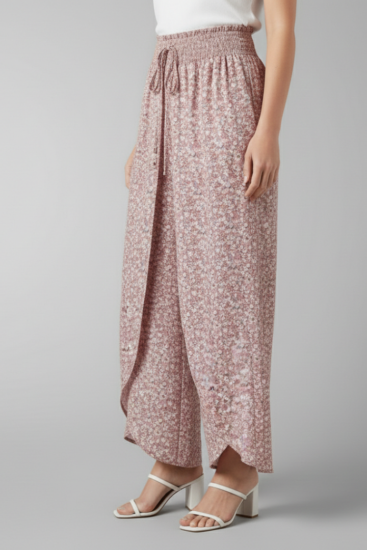 Women’s Palazzo Trousers with Elastic Waist and Patterned Surface