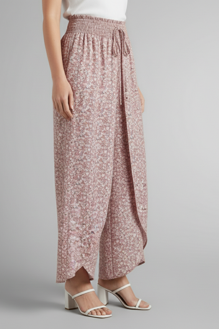 Women’s Palazzo Trousers with Elastic Waist and Patterned Surface