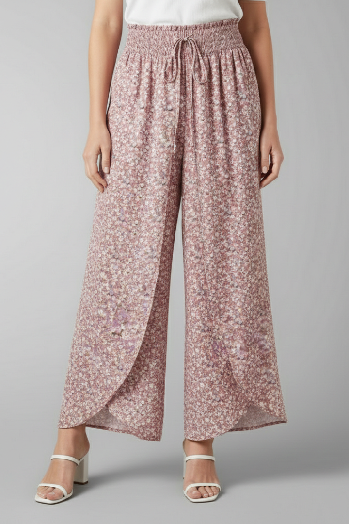Women’s Palazzo Trousers with Elastic Waist and Patterned Surface
