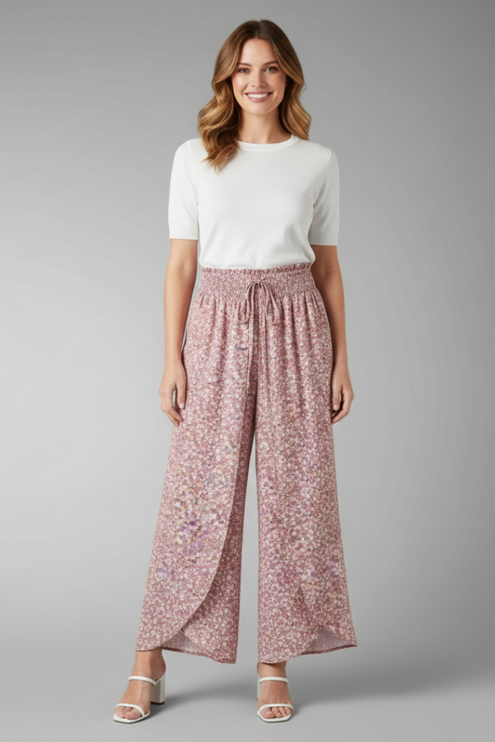 Women’s Palazzo Trousers with Elastic Waist and Patterned Surface