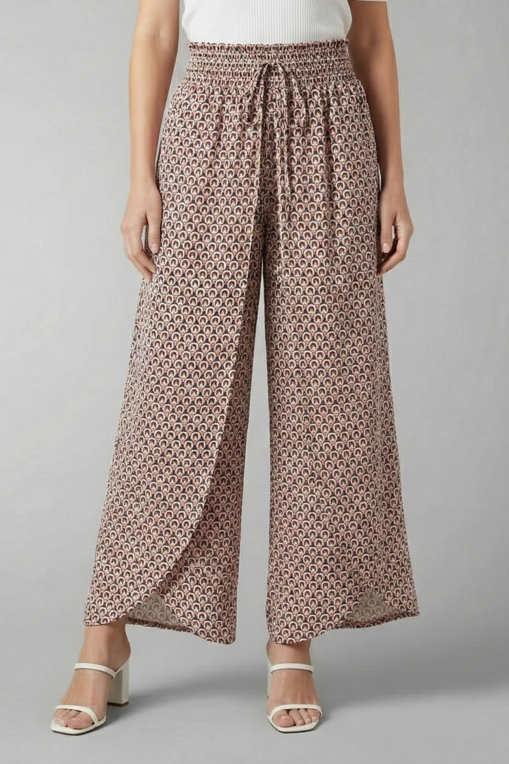 Women’s Palazzo Trousers with Elastic Waist and Patterned Surface