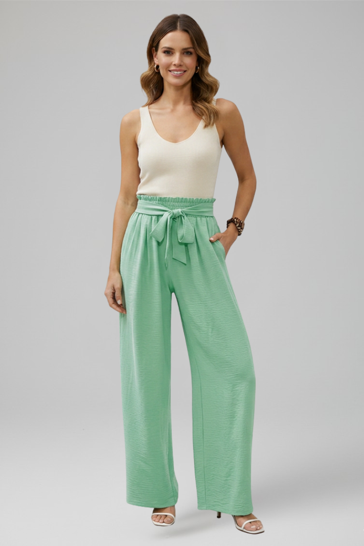 Women’s Palazzo Trousers with Elastic Waist and Tie Belt