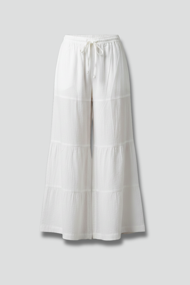 Women’s Palazzo Trousers with Elastic Waist and Tiered Hem