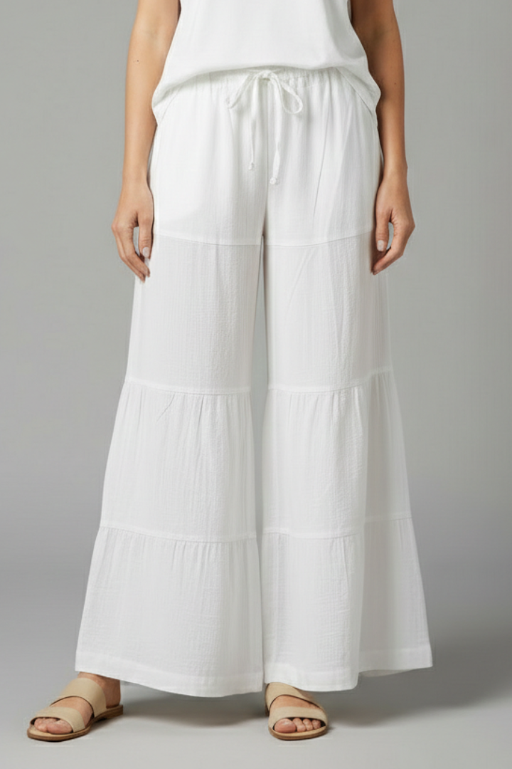 Women’s Palazzo Trousers with Elastic Waist and Tiered Hem