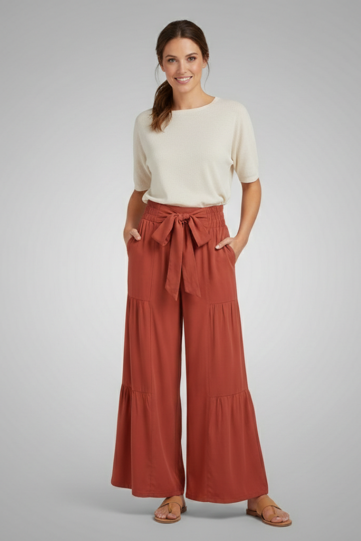 Women’s Palazzo Trousers with Tie Belt and Ruffle Panels