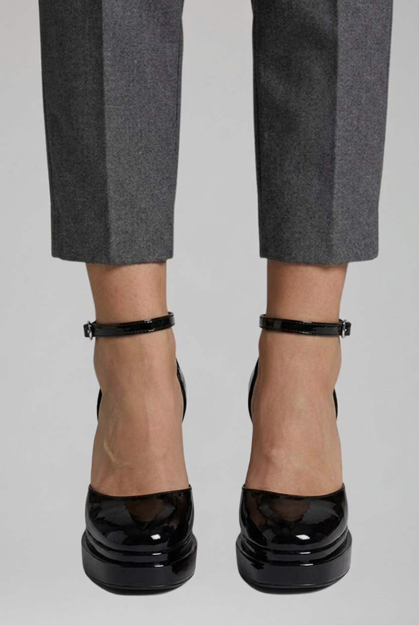 Women's Patent Platform High Heel Pumps with Ankle Strap and Buckle Closure