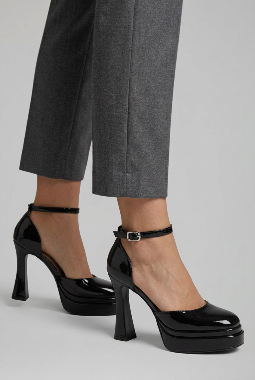 Women's Patent Platform High Heel Pumps with Ankle Strap and Buckle Closure