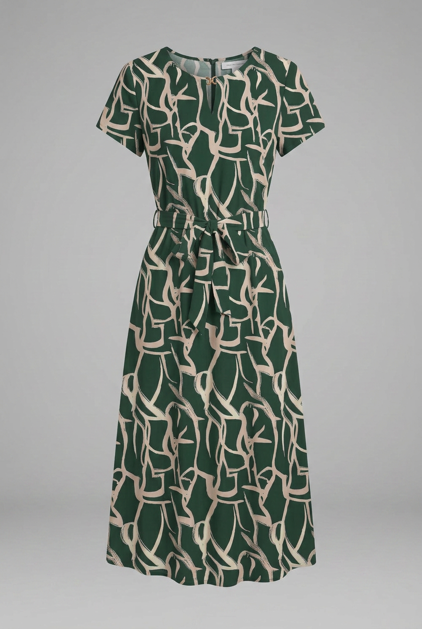 Women’s Printed Dress with Keyhole Neckline and Waist Tie