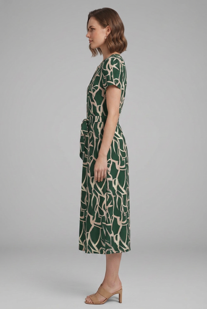 Women’s Printed Dress with Keyhole Neckline and Waist Tie