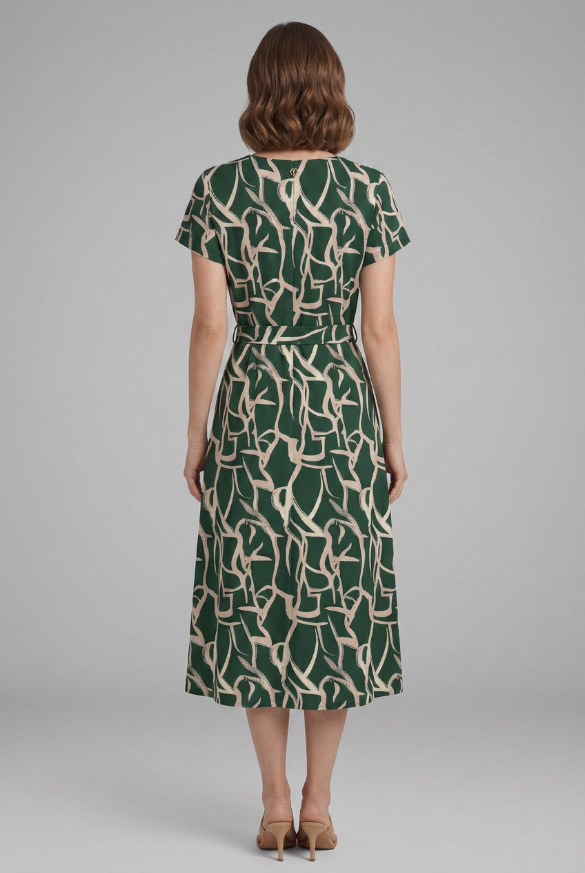 Women’s Printed Dress with Keyhole Neckline and Waist Tie