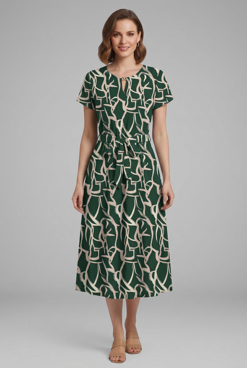 Women’s Printed Dress with Keyhole Neckline and Waist Tie