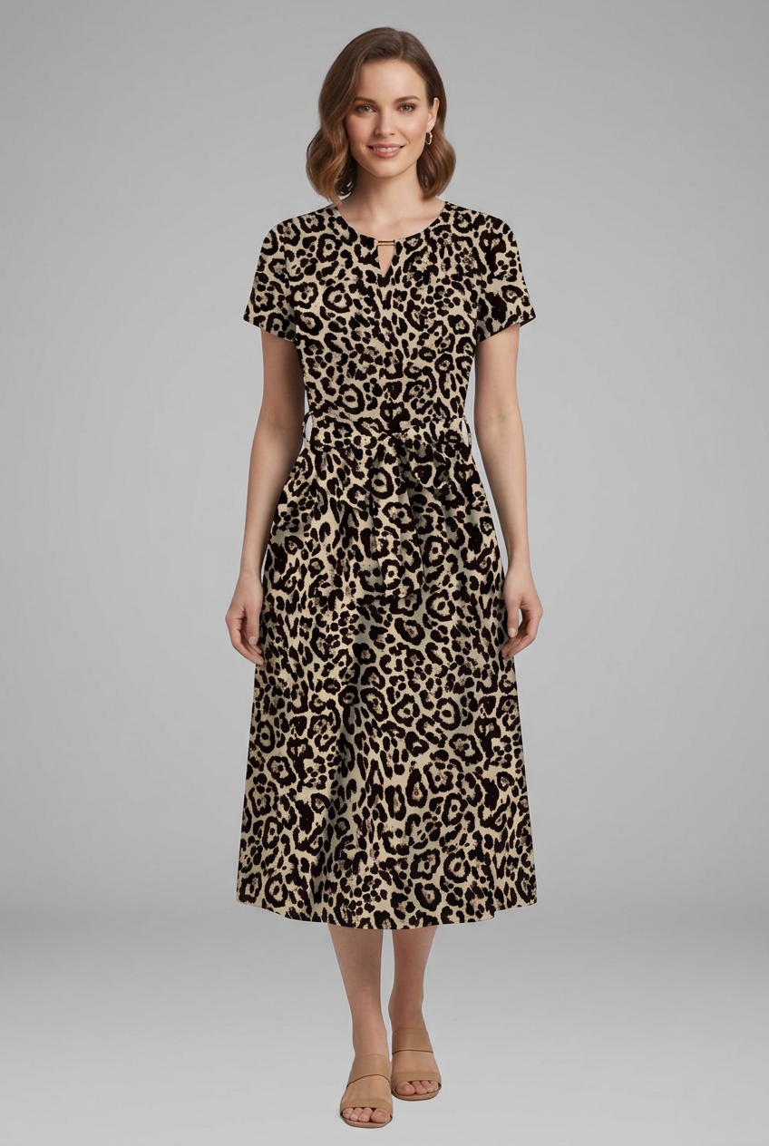 Women’s Printed Dress with Keyhole Neckline and Waist Tie
