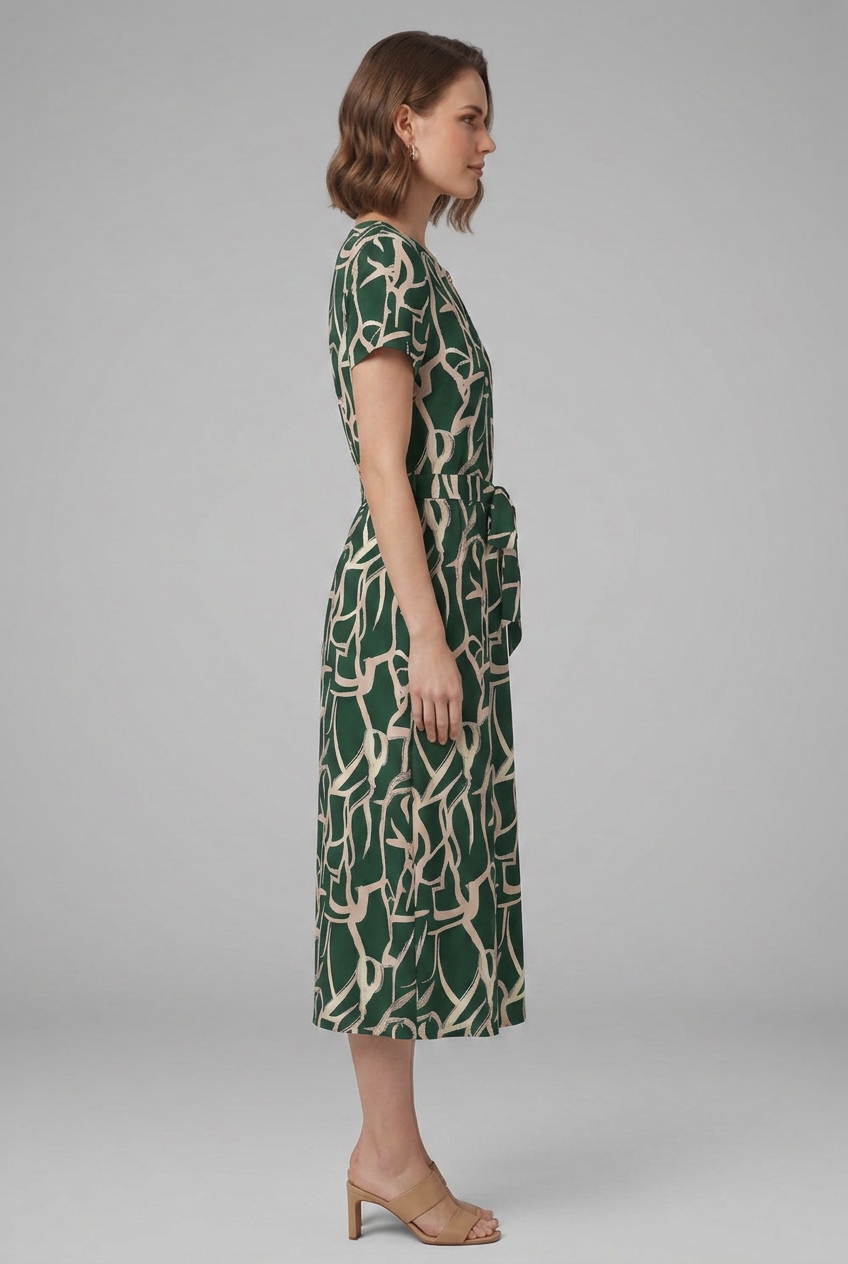 Women’s Printed Dress with Keyhole Neckline and Waist Tie