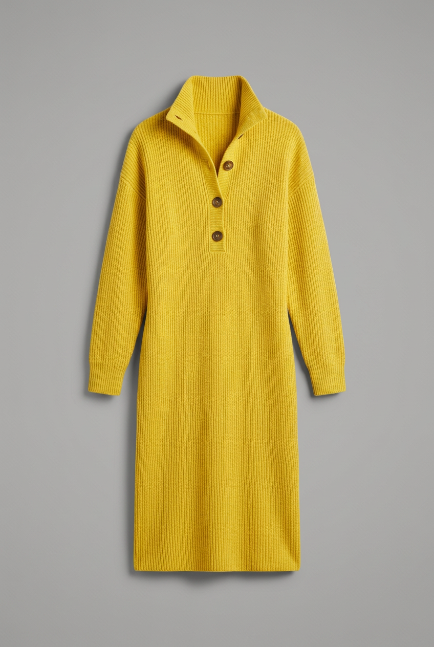 Women’s Ribbed Jumper Dress with High Collar and Button Placket