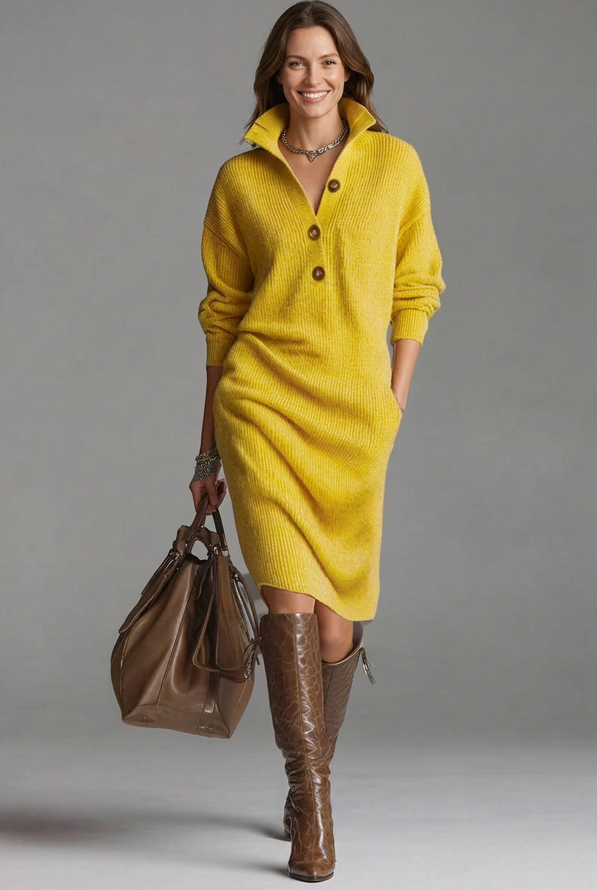 Women’s Ribbed Jumper Dress with High Collar and Button Placket
