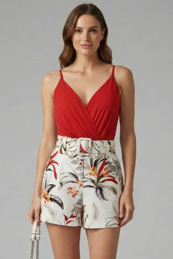 Women’s Romper Dress with V-Neck and Floral Print