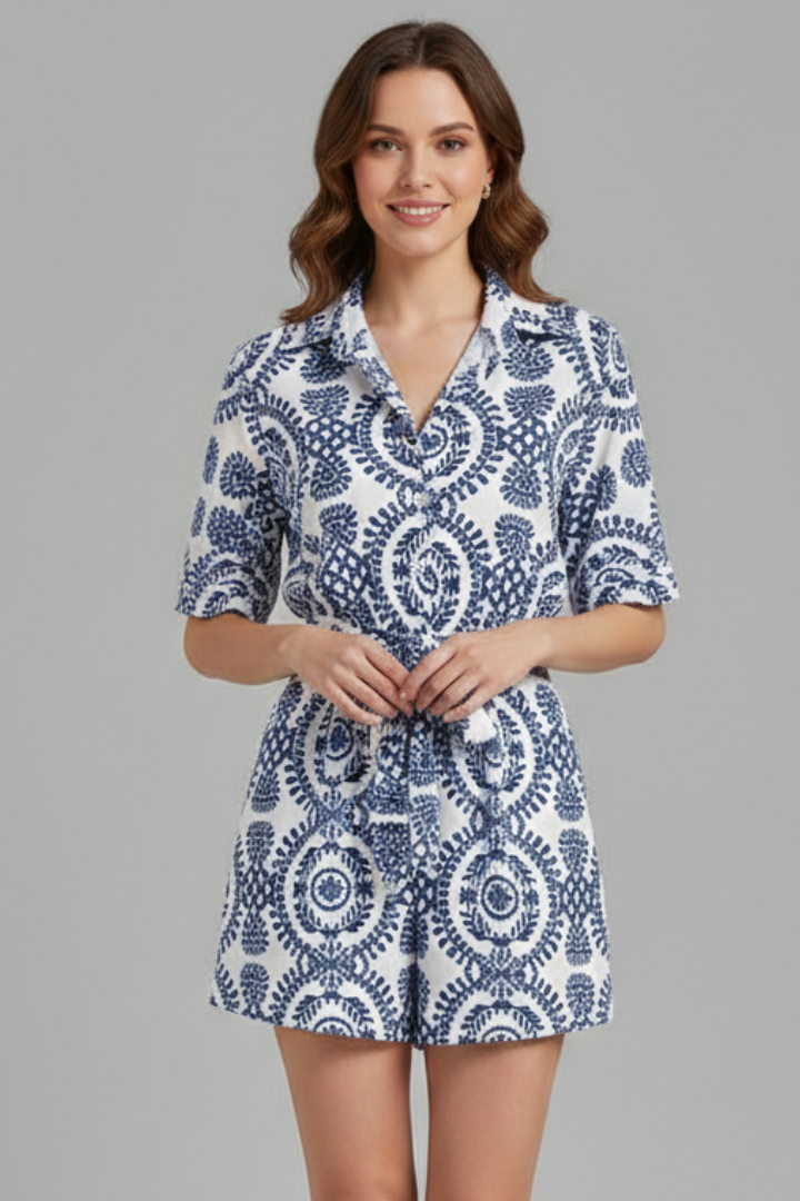 Women’s Romper Dress with V-Neck and Tie Waist