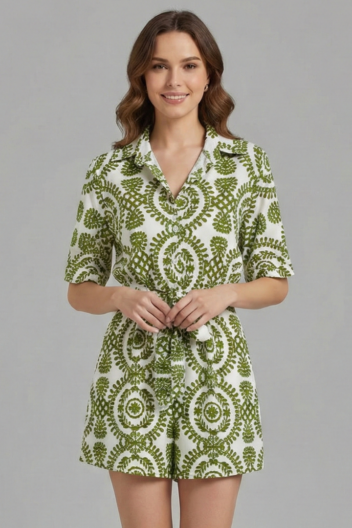 Women’s Romper Dress with V-Neck and Tie Waist