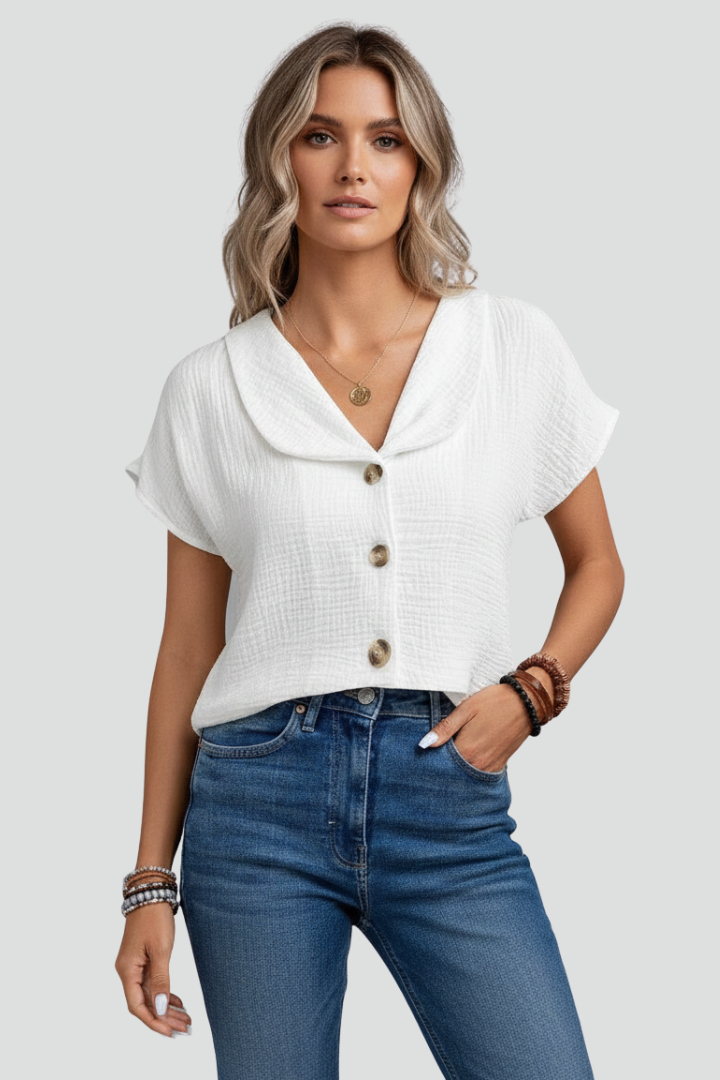 Women’s Short-Sleeve Blouse with Collar and Buttons