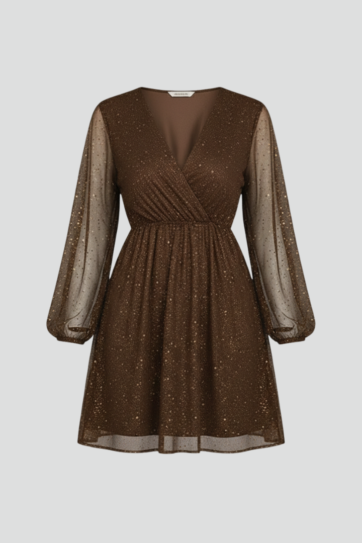 Women's Short Dress with V-Neck and Sheer Sleeves