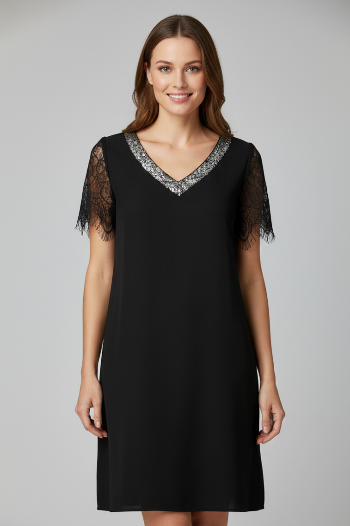 Women’s Short Dress with V Neckline and Lace Sleeves
