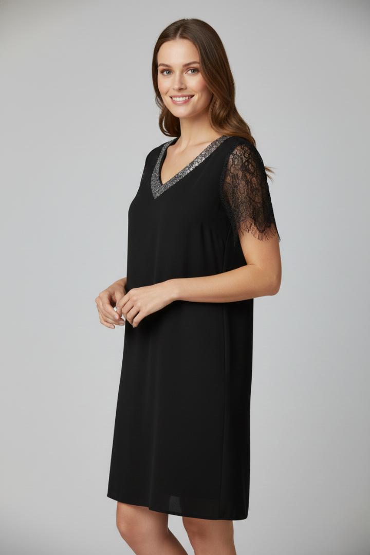 Women’s Short Dress with V Neckline and Lace Sleeves