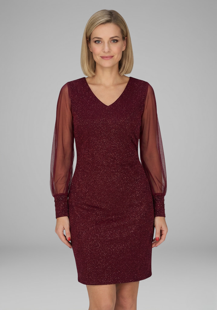 Women’s Short Dress with V Neckline and Long Sleeves