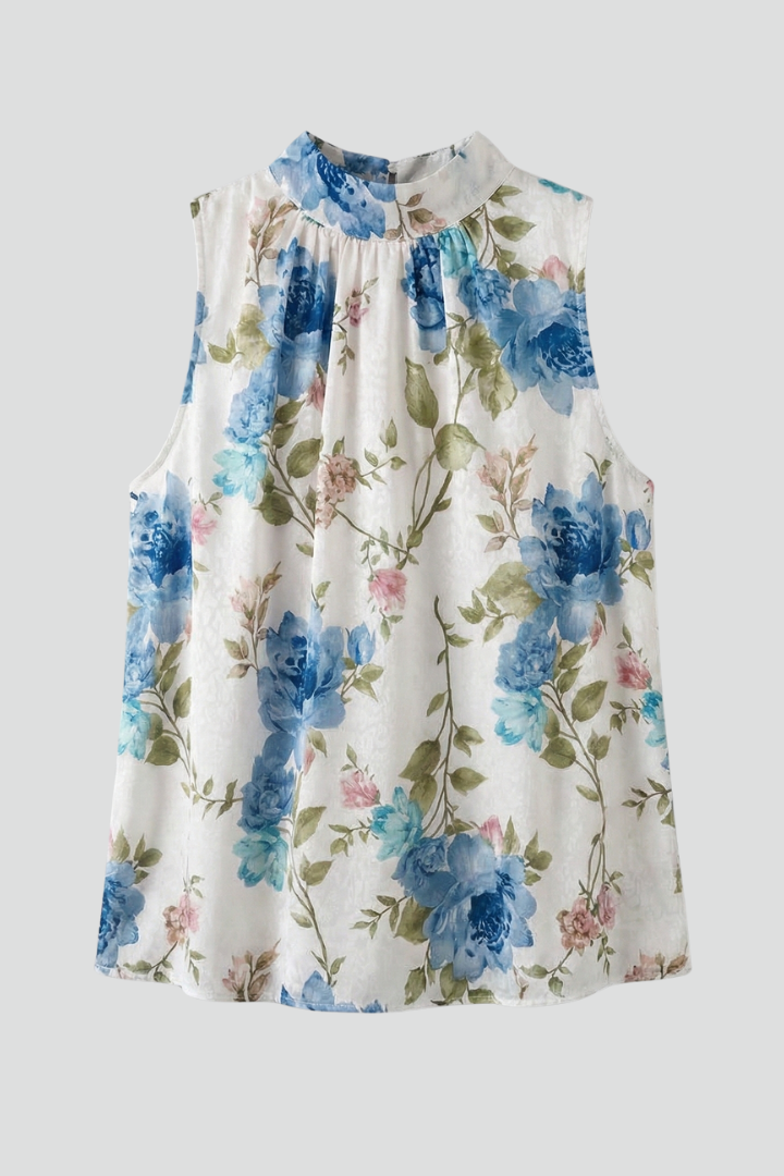 Women’s Sleeveless Blouse with High Neck and Floral Surface