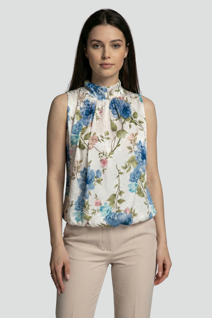 Women’s Sleeveless Blouse with High Neck and Floral Surface