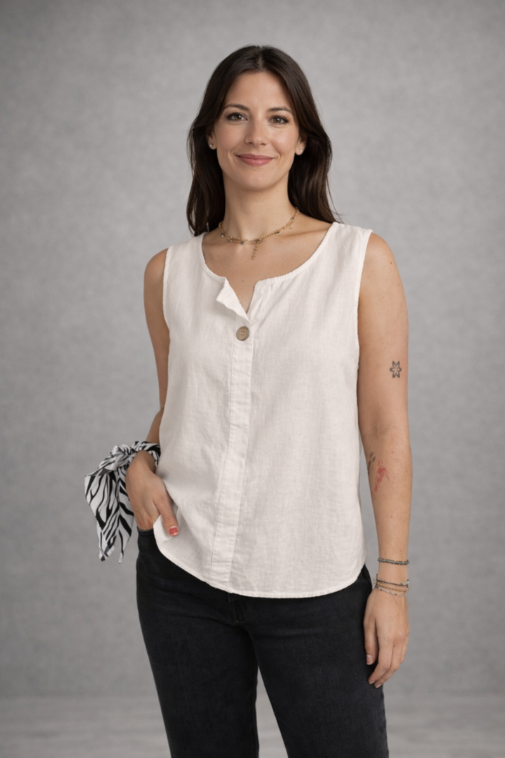 Women’s Sleeveless Blouse with Round Neck and Button Detail