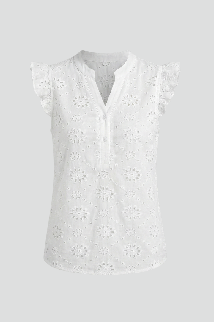 Women’s Sleeveless Blouse with Ruffle Shoulders and Button Front