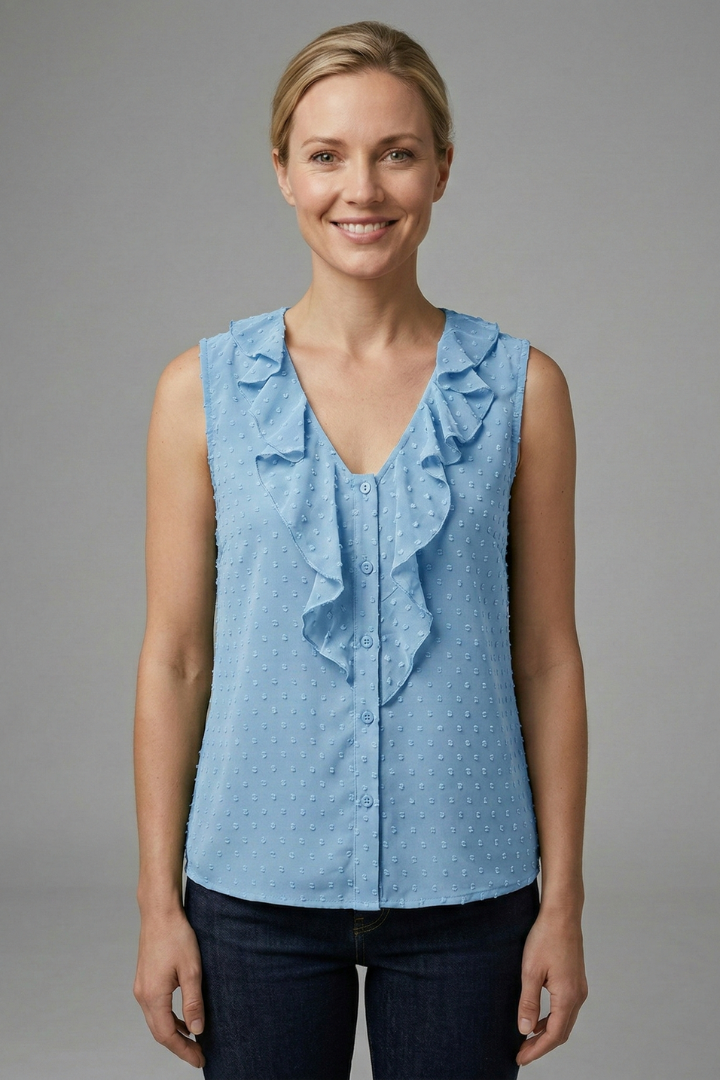 Women’s Sleeveless Blouse with V-Neck and Ruffle Trim
