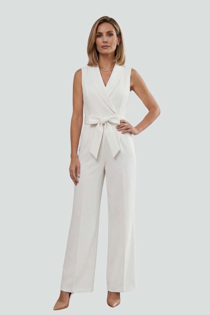 Women’s Sleeveless Jumpsuit with V-Neck and Tie Waist