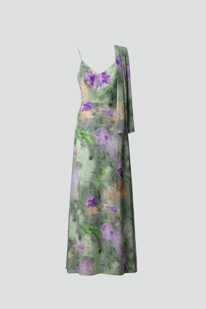Women's Sleeveless Maxi Dress with Printed Scarf and Halo Pattern