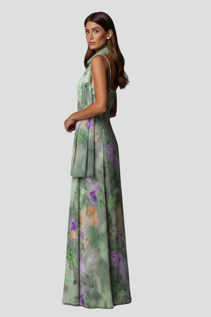 Women's Sleeveless Maxi Dress with Printed Scarf and Halo Pattern