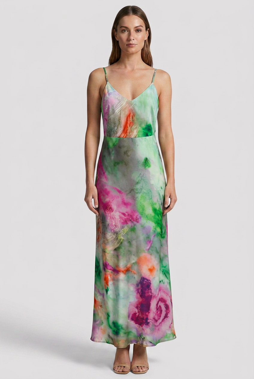 Women's Sleeveless Maxi Dress with Printed Scarf and Halo Pattern