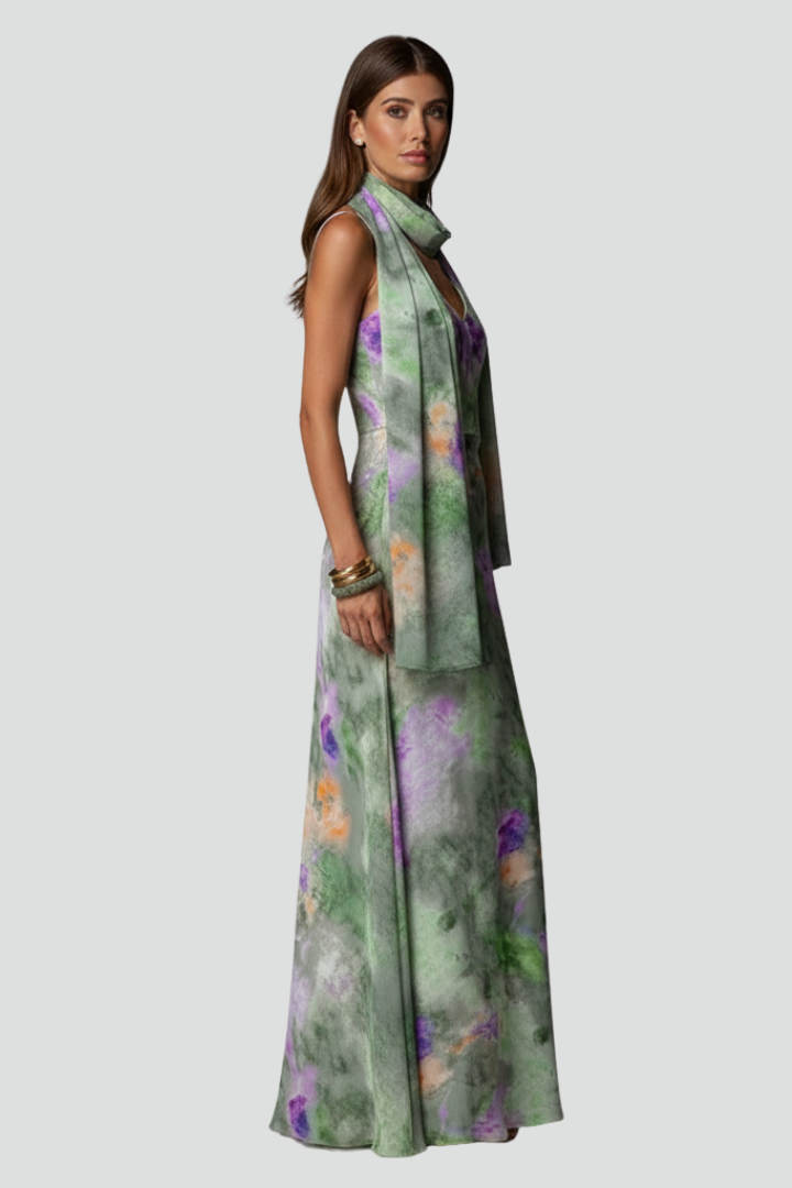 Women's Sleeveless Maxi Dress with Printed Scarf and Halo Pattern