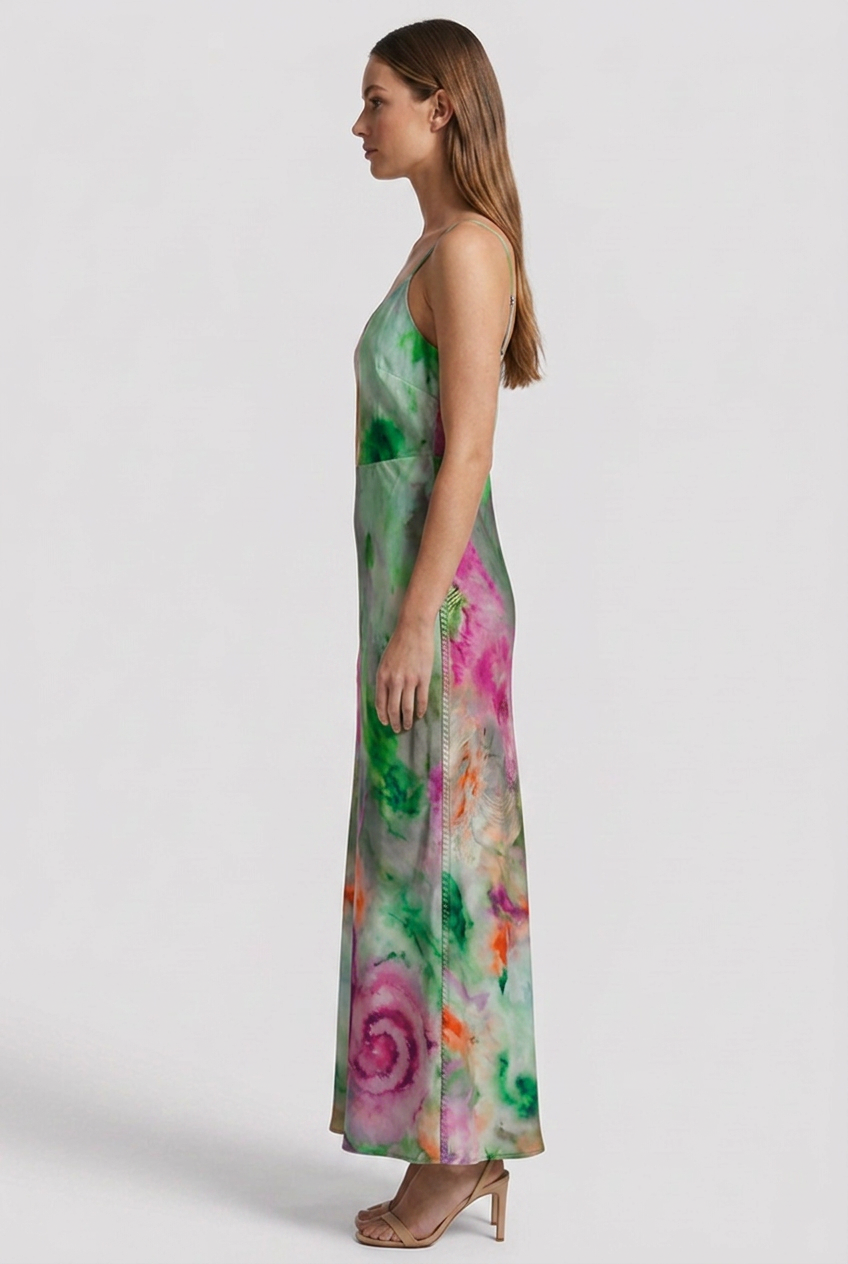Women's Sleeveless Maxi Dress with Printed Scarf and Halo Pattern