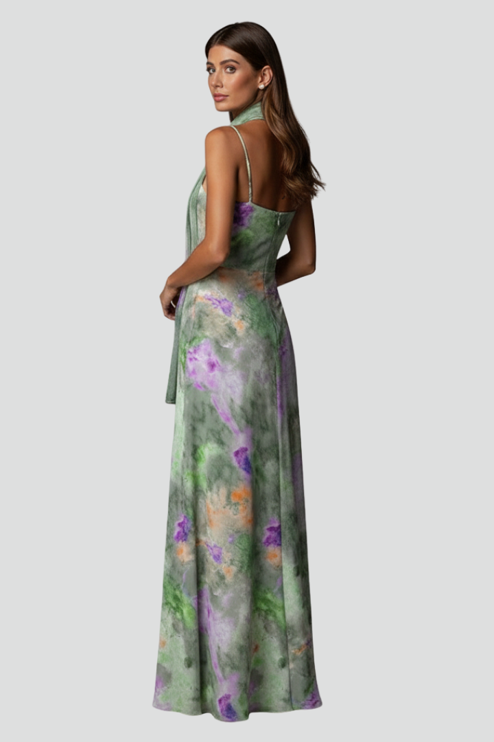 Women's Sleeveless Maxi Dress with Printed Scarf and Halo Pattern