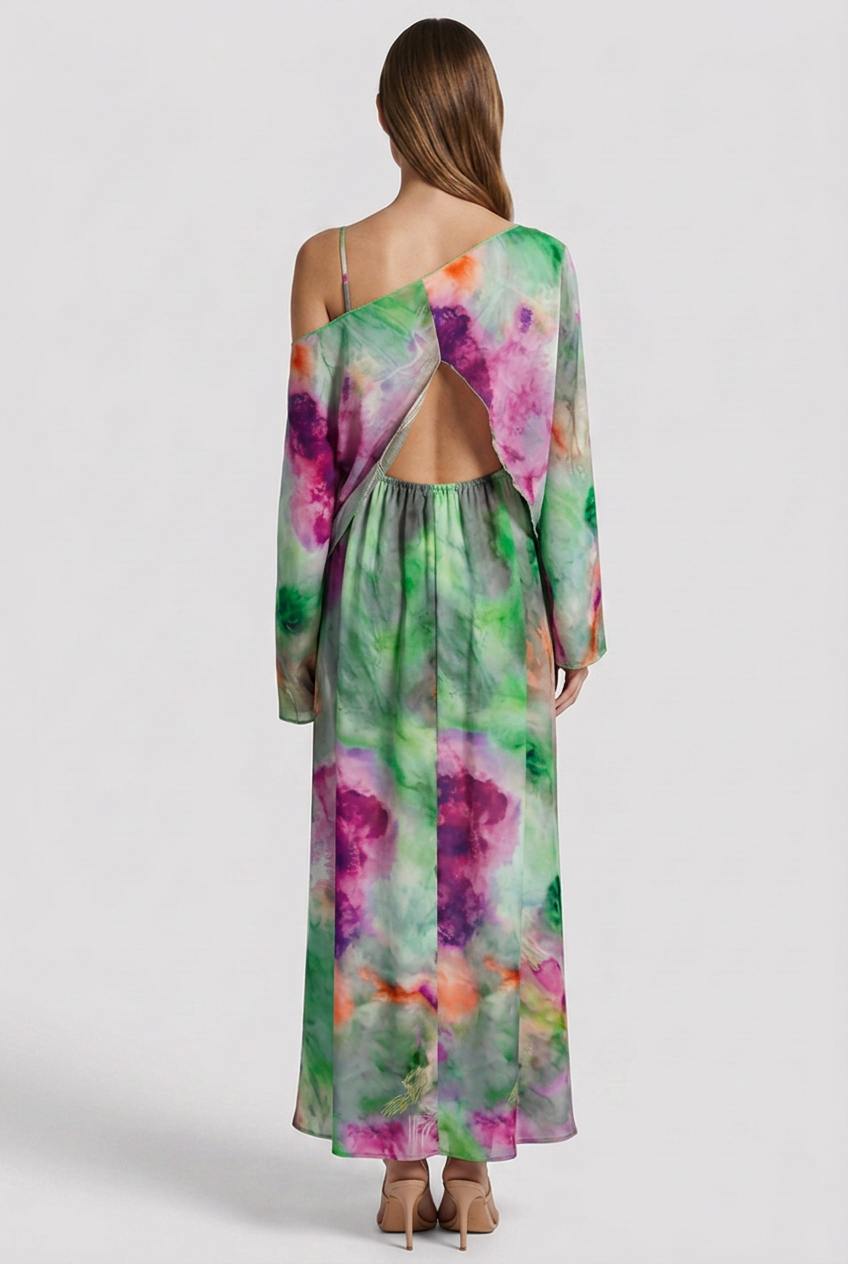 Women's Sleeveless Maxi Dress with Printed Scarf and Halo Pattern
