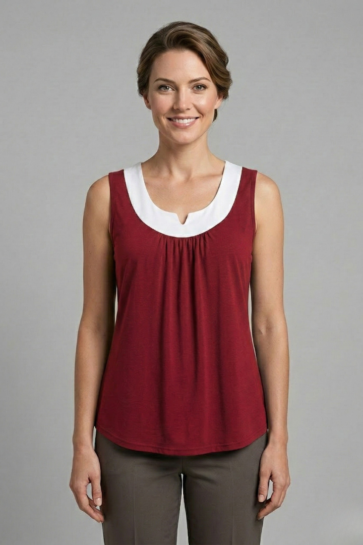 Women’s Sleeveless Top with Layered V-Neck and Rounded Hem