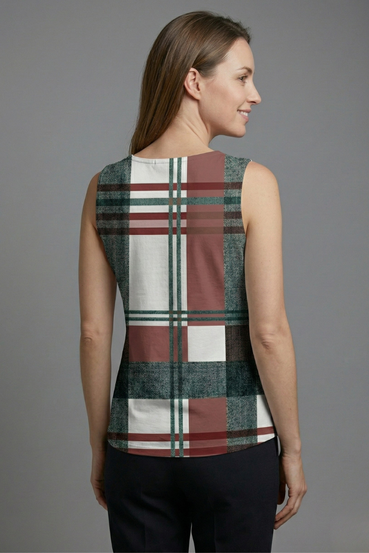 Women’s Sleeveless Top with V-Neck and Check Print