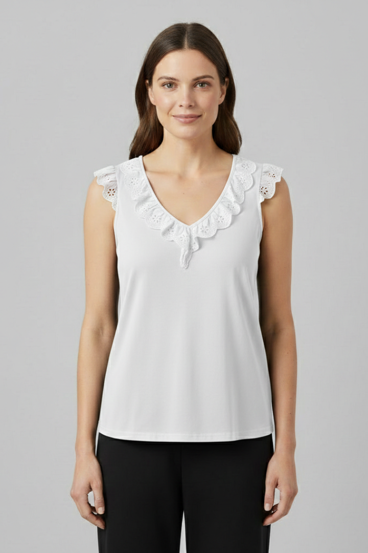 Women’s Sleeveless Top with V-Neck and Lace Trim