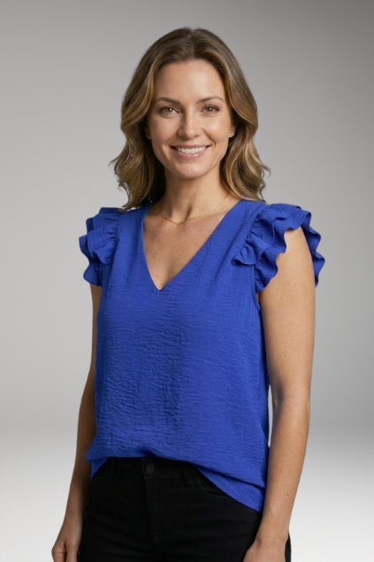 Women’s Sleeveless Top with V-Neck and Ruffle Shoulders